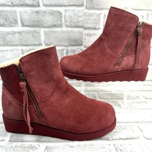Bearpaw Megan Burgundy Suede Sheepskin Bootie with NeverWet